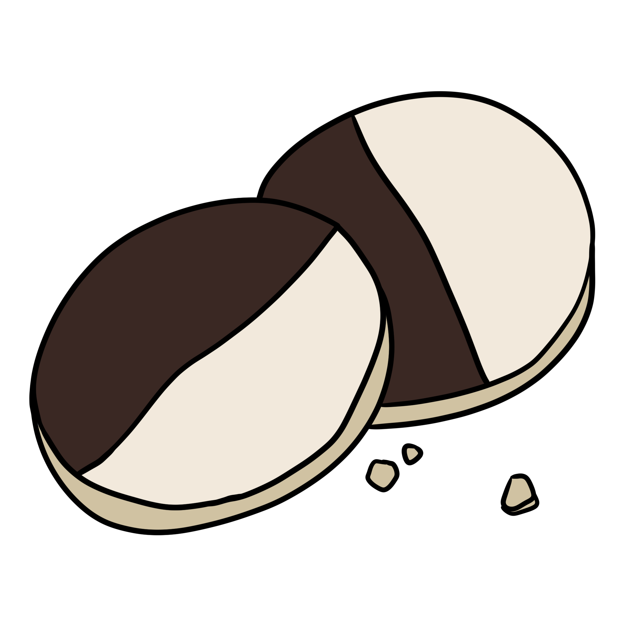  Two circular cookies, overlapping. Each is half dark brown and half white on top and sand colored on the thin edge. A few crumbs sit to the side.